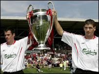 Jamie Carragher and Steven Gerrard parade the European Cup at The Racecourse